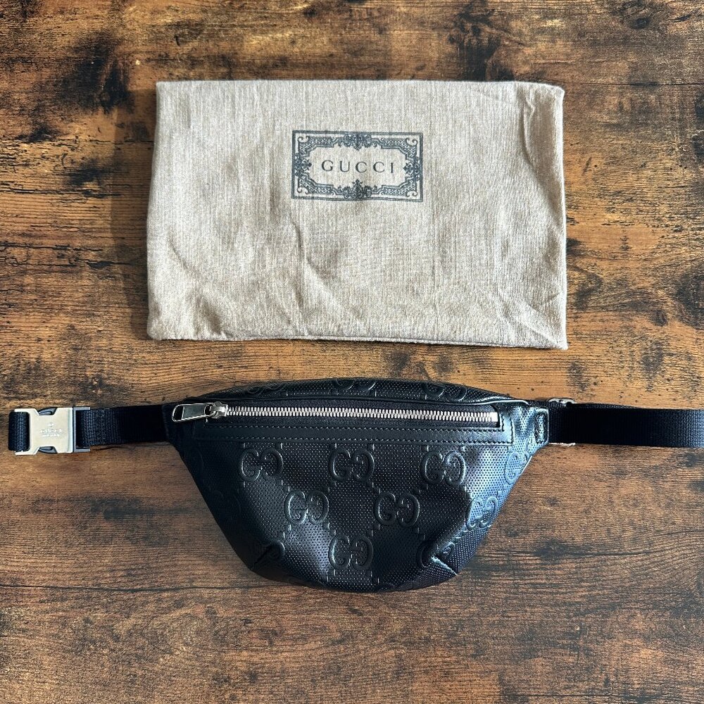 Gucci GG Embossed Perforated Leather Belt Waist Bag in Black Calfskin - RARE